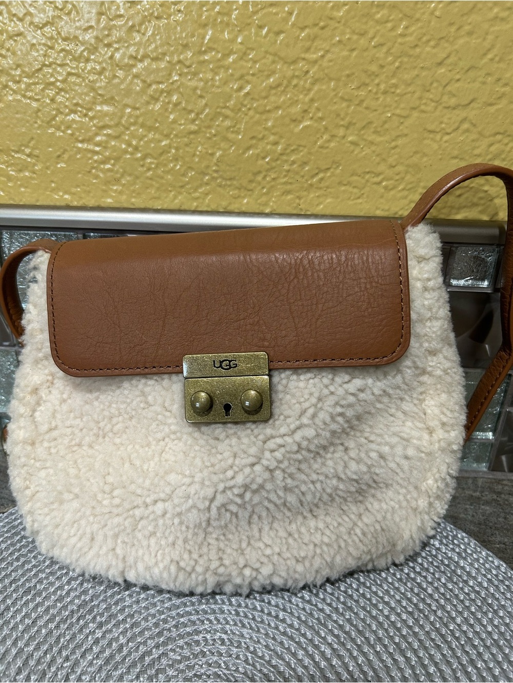 UGG Tan Leather Shoulder and cross body bag with Cream Shearling Trim